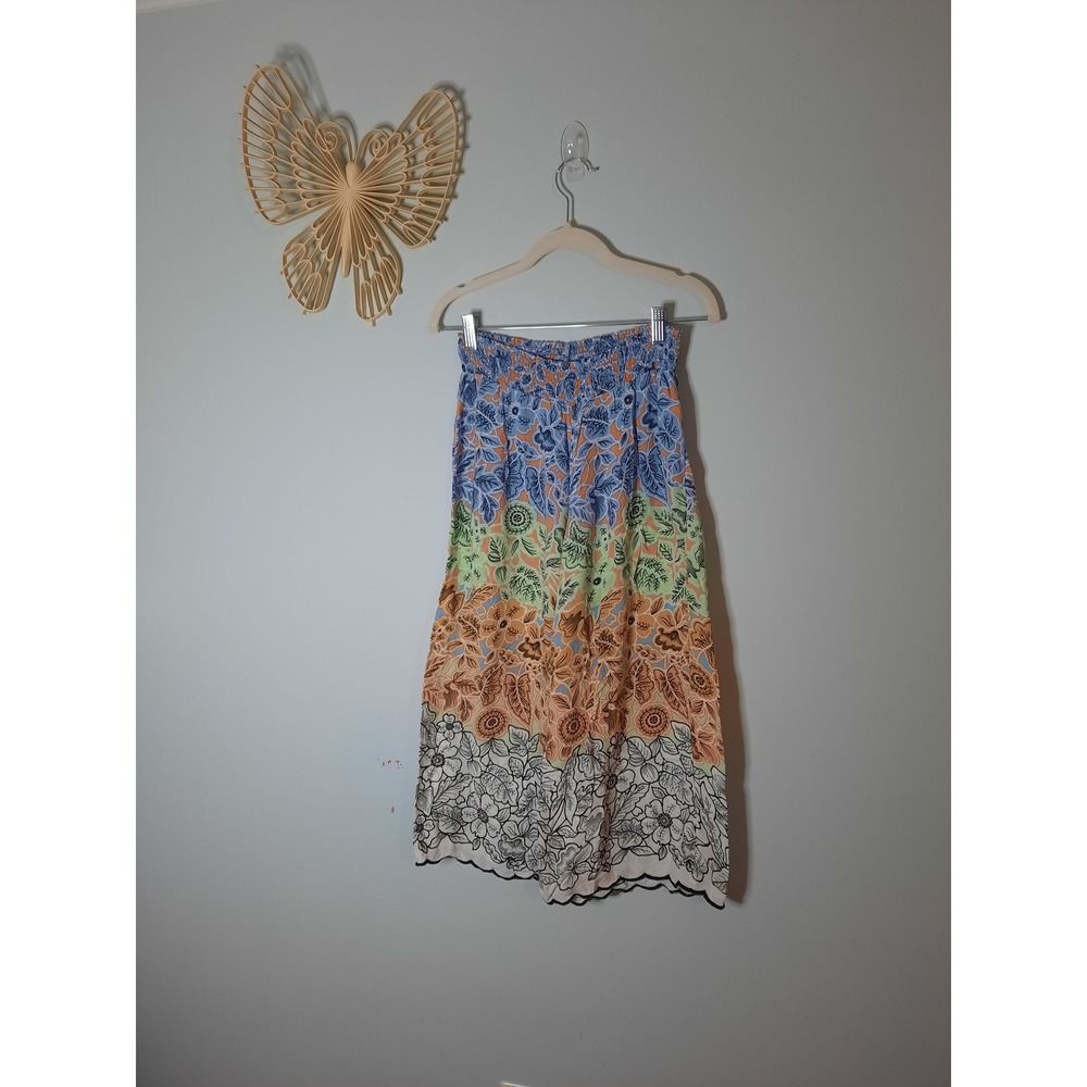 Floreat Anthropologie Floral Wide Leg Cropped Pants Smocked Waist XS Multicolor